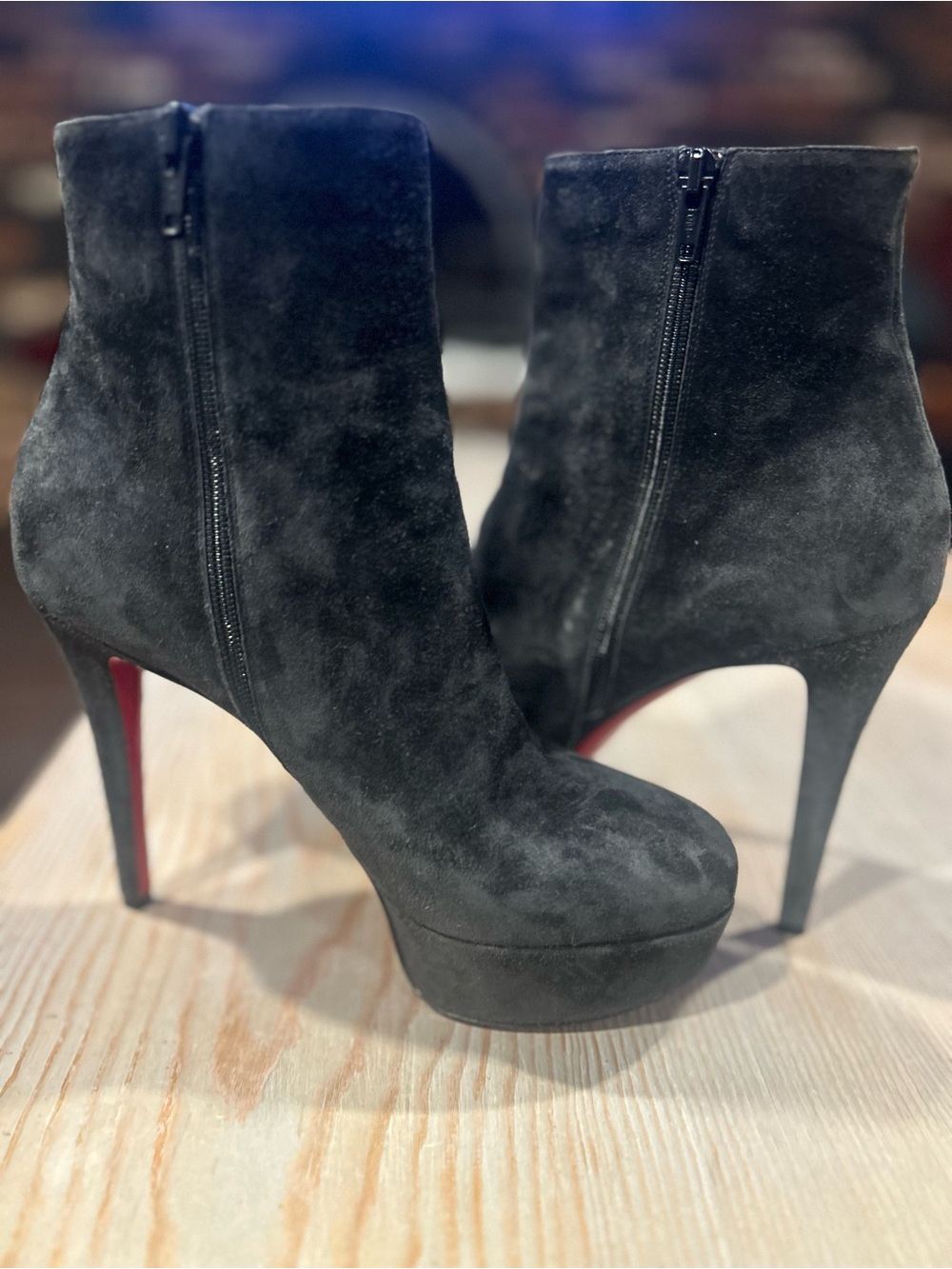 Christian Louboutin Dark Gray Suede High Heel Platform Ankle Boots with Side Zip
